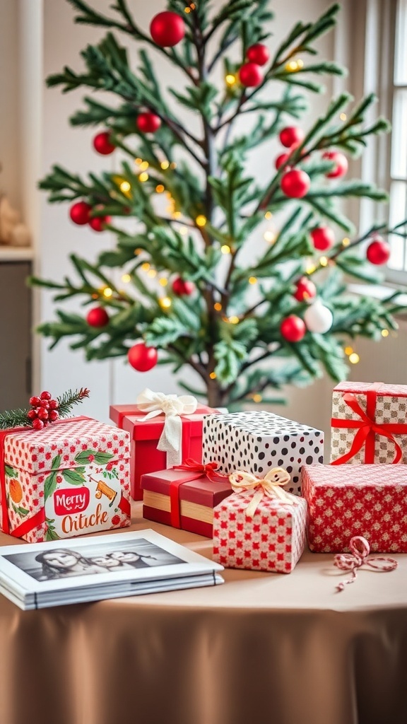Ein Tisch mit verschiedenen Weihnachtsgeschenken und einem geschmückten Weihnachtsbaum im Hintergrund.